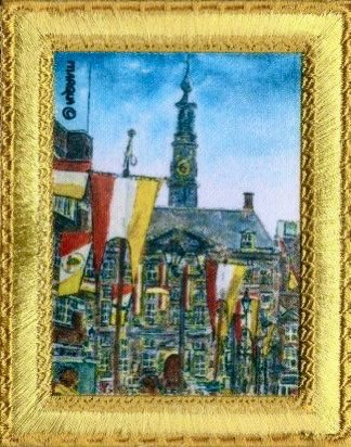 Stadhuis in Oeteldonk Embleem  Prachtige kwaliteit strijkembleem 8 x10 cm  van het schilderij Bossche stadhuis in Oeteldonk Embleem