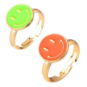 Smiley Ringen Oranje Groen Kruikenstad    2 stuks verstelbaar past altijd